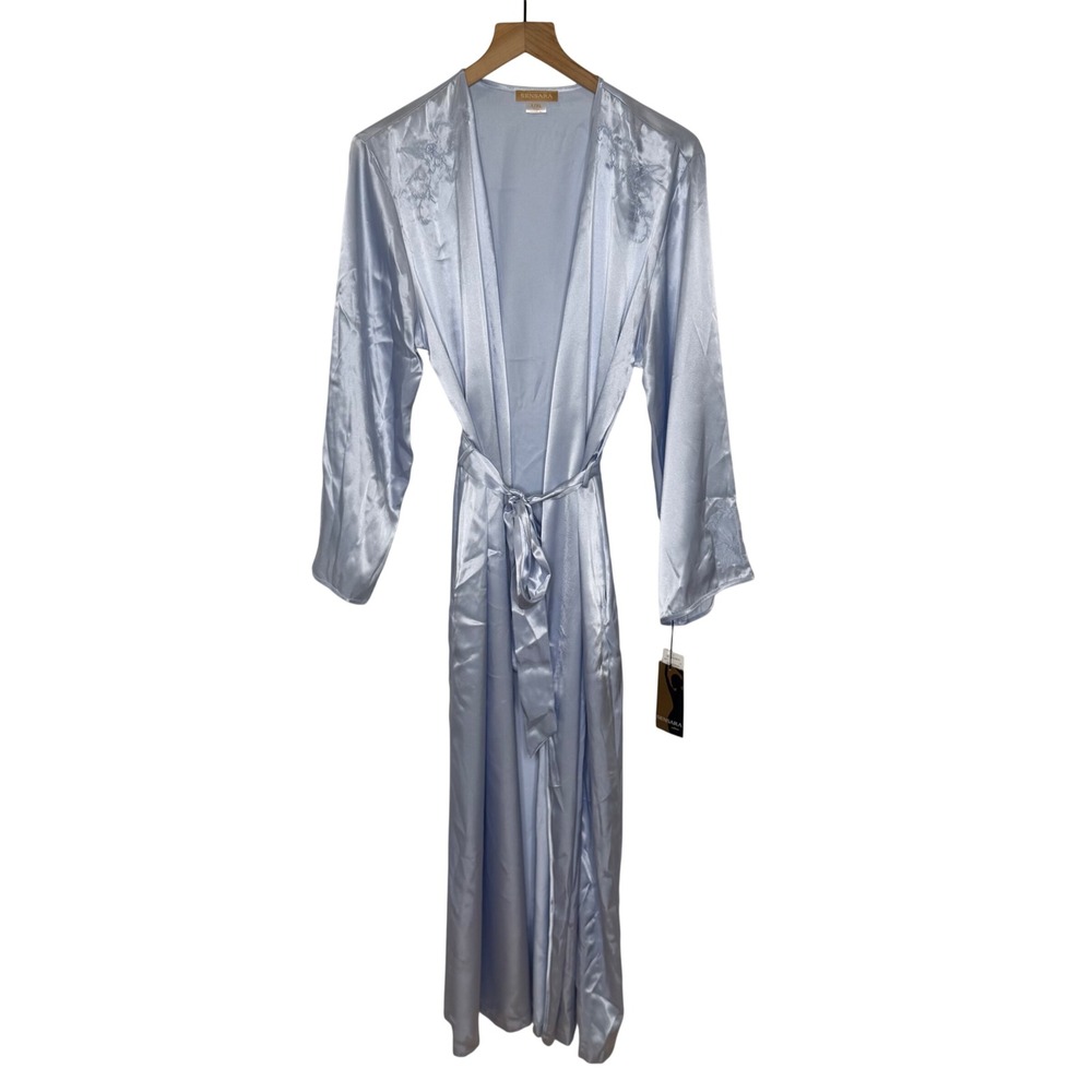 Sensara Satin Robe Women L/XL Light Blue Floral Embroidery Lace Trim Long Belted
